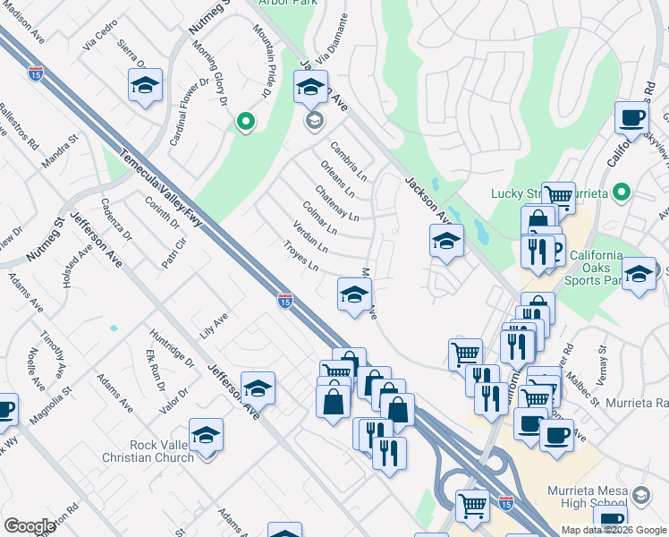 map of restaurants, bars, coffee shops, grocery stores, and more near 41144 Marseille Court in Murrieta