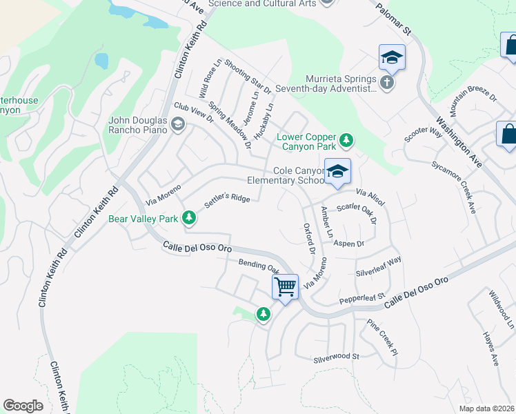 map of restaurants, bars, coffee shops, grocery stores, and more near 42710 Settler's Ridge in Murrieta