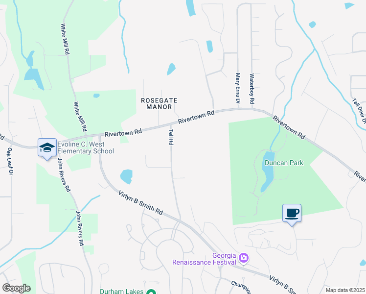 map of restaurants, bars, coffee shops, grocery stores, and more near 6760 Tell Road in Fairburn