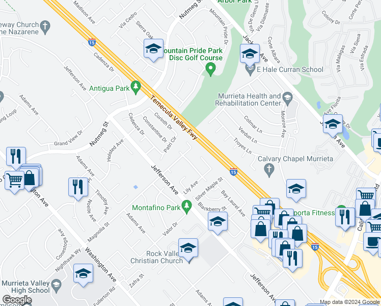 map of restaurants, bars, coffee shops, grocery stores, and more near 41314 Magnolia Street in Murrieta