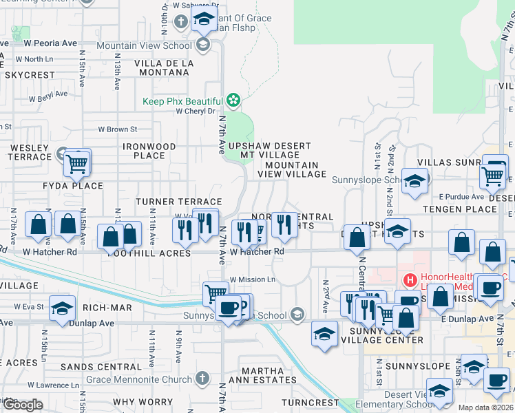 map of restaurants, bars, coffee shops, grocery stores, and more near 9444 North 4th Avenue in Phoenix