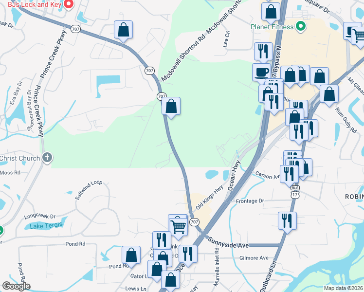 map of restaurants, bars, coffee shops, grocery stores, and more near 12441 South Carolina 707 in Murrells Inlet