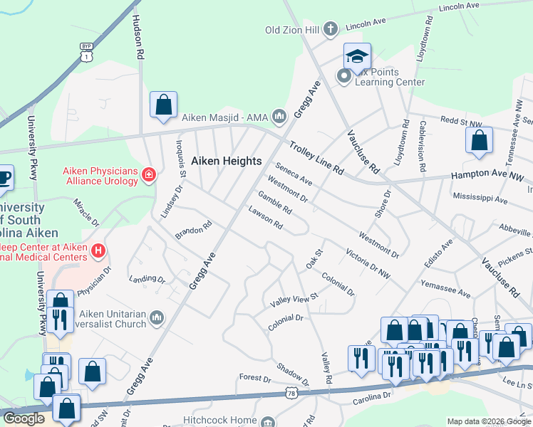 map of restaurants, bars, coffee shops, grocery stores, and more near 3513 Lawson Road in Aiken