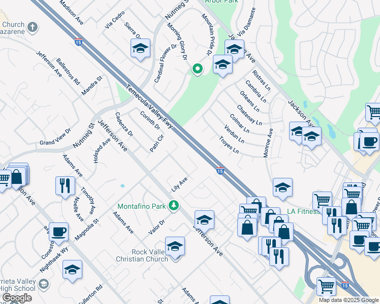 map of restaurants, bars, coffee shops, grocery stores, and more near 24046 Fuschia Court in Murrieta