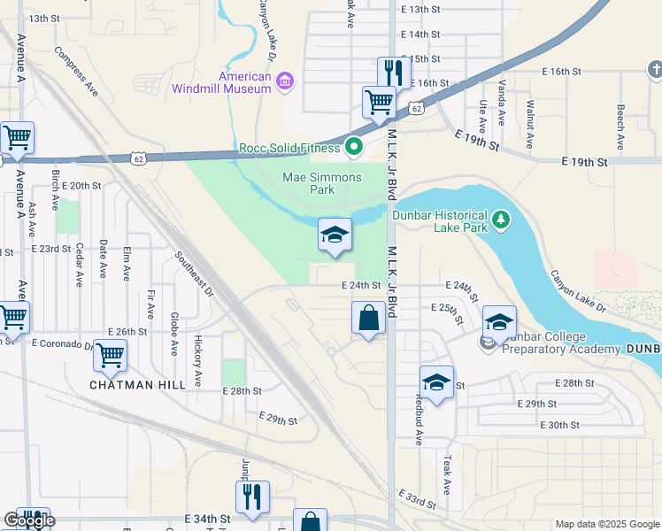 map of restaurants, bars, coffee shops, grocery stores, and more near 1323 East 24th Street in Lubbock