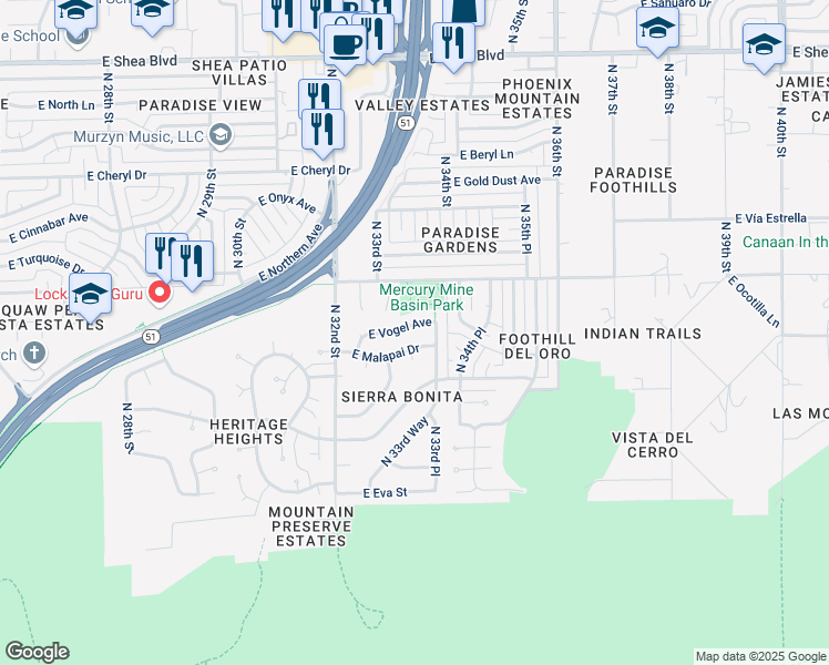 map of restaurants, bars, coffee shops, grocery stores, and more near 3315 East Malapai Drive in Phoenix