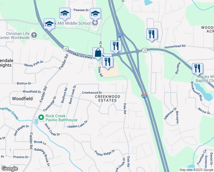 map of restaurants, bars, coffee shops, grocery stores, and more near 3374 Creekwood Drive in Rex
