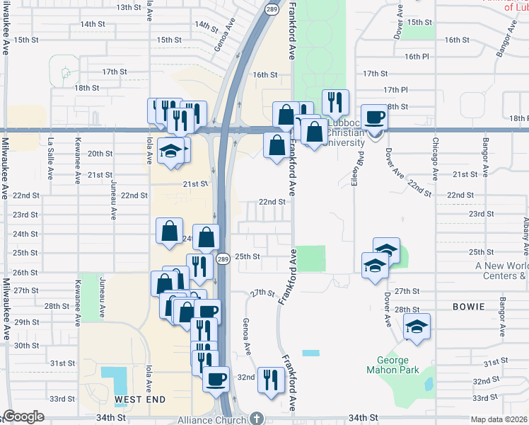 map of restaurants, bars, coffee shops, grocery stores, and more near 5808a 24th Street in Lubbock