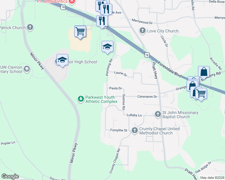 map of restaurants, bars, coffee shops, grocery stores, and more near 433 Paula Drive in Birmingham