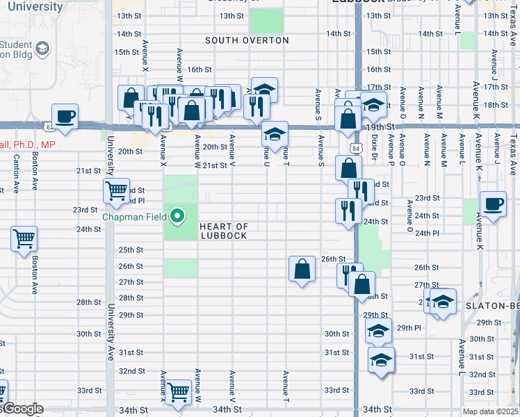 map of restaurants, bars, coffee shops, grocery stores, and more near 2304 Avenue U in Lubbock