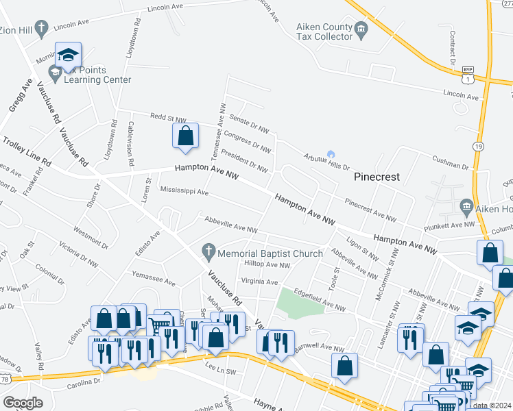 map of restaurants, bars, coffee shops, grocery stores, and more near 2906 Mississippi Avenue in Aiken