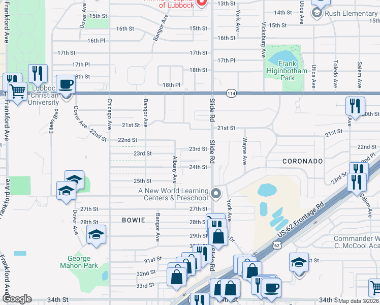map of restaurants, bars, coffee shops, grocery stores, and more near 2302 Slide Road in Lubbock