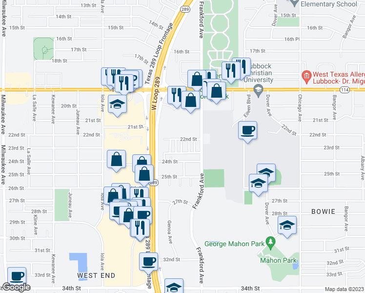 map of restaurants, bars, coffee shops, grocery stores, and more near 5801 22nd Street in Lubbock