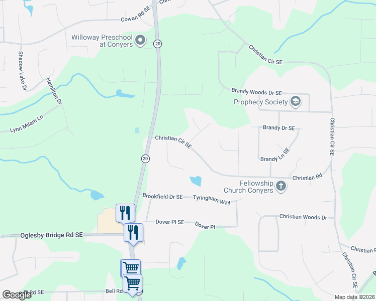 map of restaurants, bars, coffee shops, grocery stores, and more near 2059 Christian Circle Southeast in Conyers