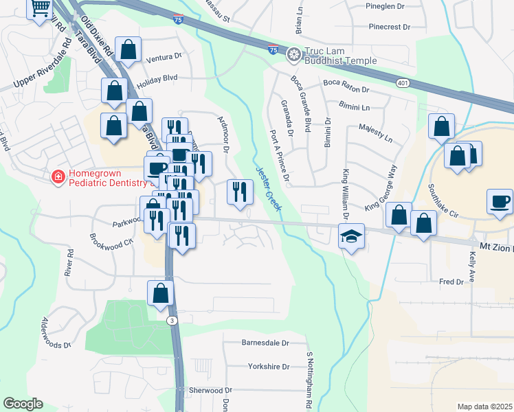 map of restaurants, bars, coffee shops, grocery stores, and more near 750 Mount Zion Road in Jonesboro