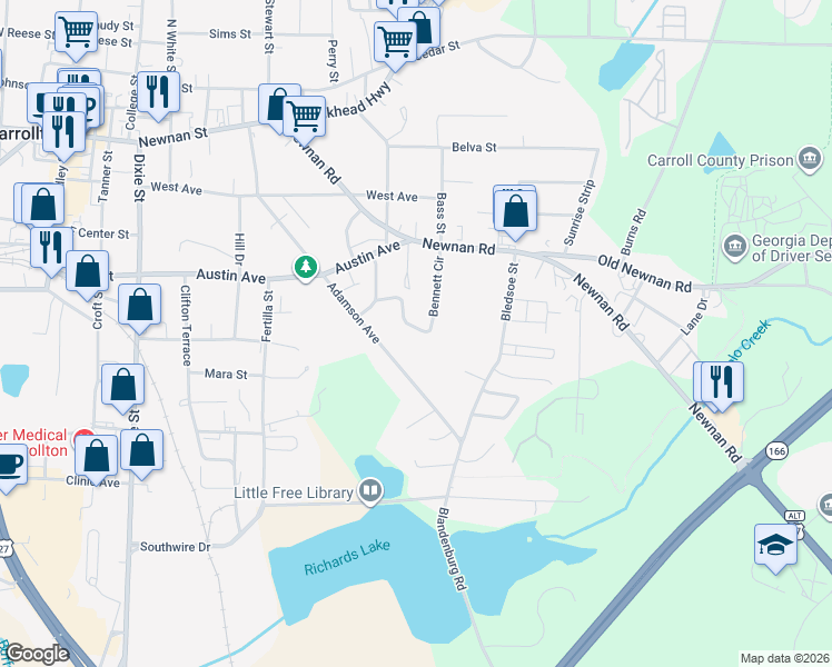 map of restaurants, bars, coffee shops, grocery stores, and more near 166 Bennett Circle in Carrollton