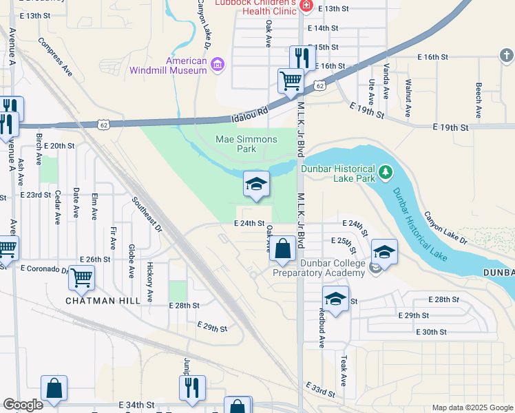 map of restaurants, bars, coffee shops, grocery stores, and more near 1323 East 24th Street in Lubbock