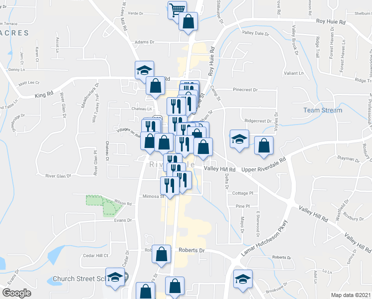 map of restaurants, bars, coffee shops, grocery stores, and more near 6605 Highway 85 in Riverdale