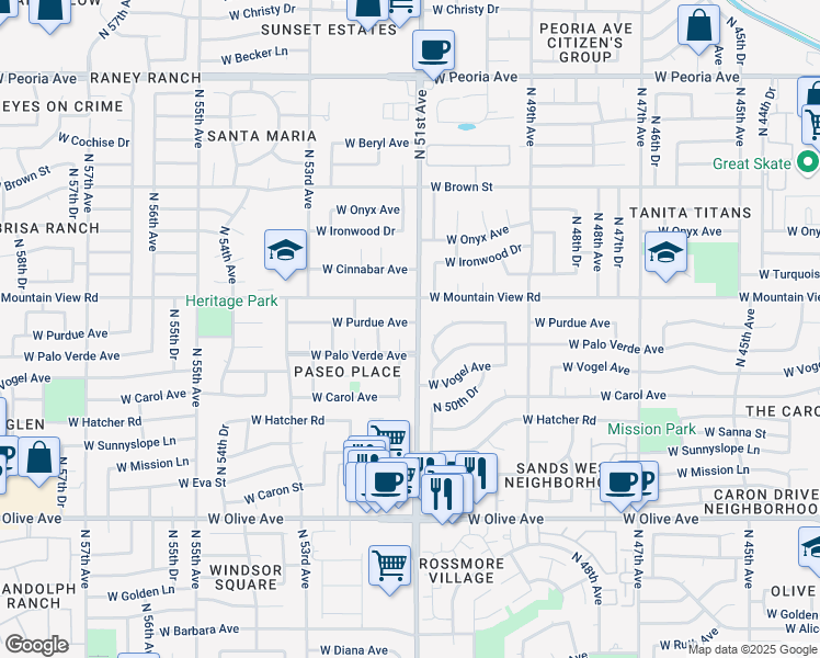map of restaurants, bars, coffee shops, grocery stores, and more near 9606 North 50th Drive in Glendale