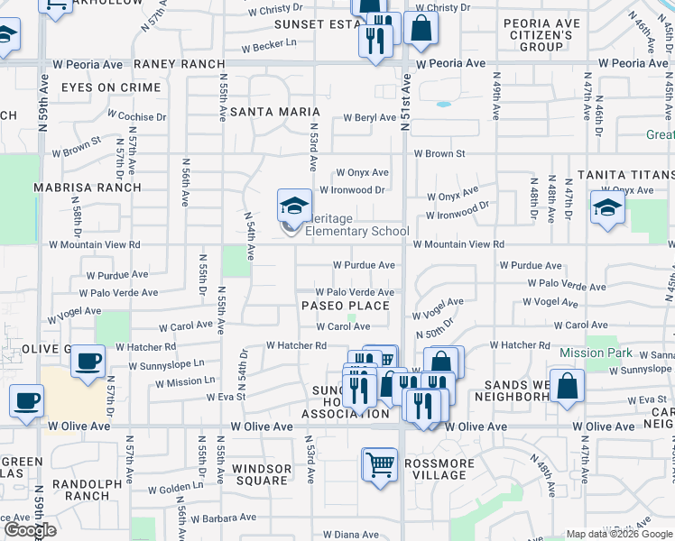 map of restaurants, bars, coffee shops, grocery stores, and more near 9614 North 52nd Avenue in Glendale