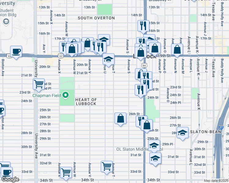 map of restaurants, bars, coffee shops, grocery stores, and more near 1923 23rd Street in Lubbock