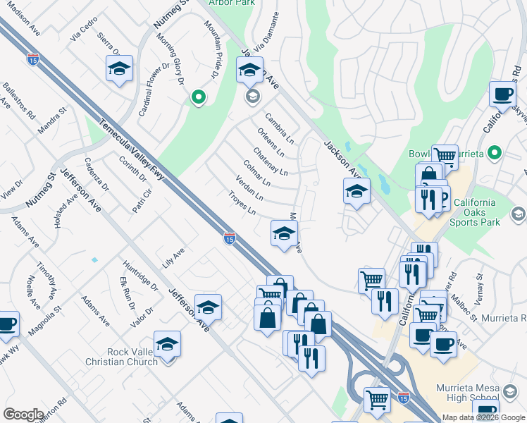 map of restaurants, bars, coffee shops, grocery stores, and more near 24130 Troyes Lane in Murrieta