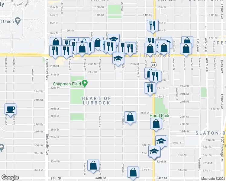 map of restaurants, bars, coffee shops, grocery stores, and more near 2010 24th Street in Lubbock
