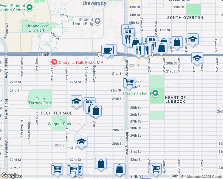 map of restaurants, bars, coffee shops, grocery stores, and more near 2522 24th Street in Lubbock