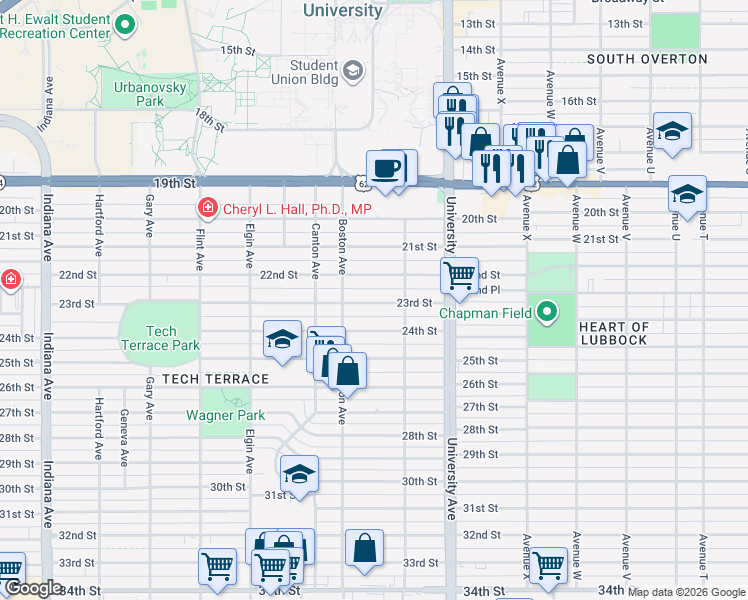 map of restaurants, bars, coffee shops, grocery stores, and more near 2618 24th Street in Lubbock