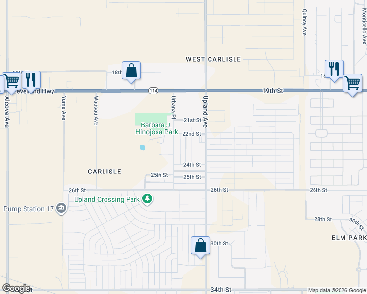 map of restaurants, bars, coffee shops, grocery stores, and more near 2217 Urbana Avenue in Lubbock