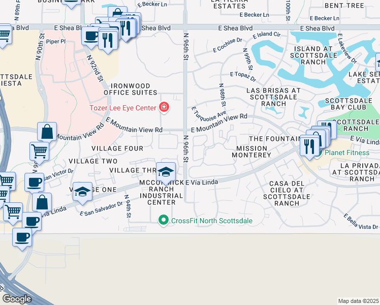 map of restaurants, bars, coffee shops, grocery stores, and more near 9705 East Mountain View Road in Scottsdale
