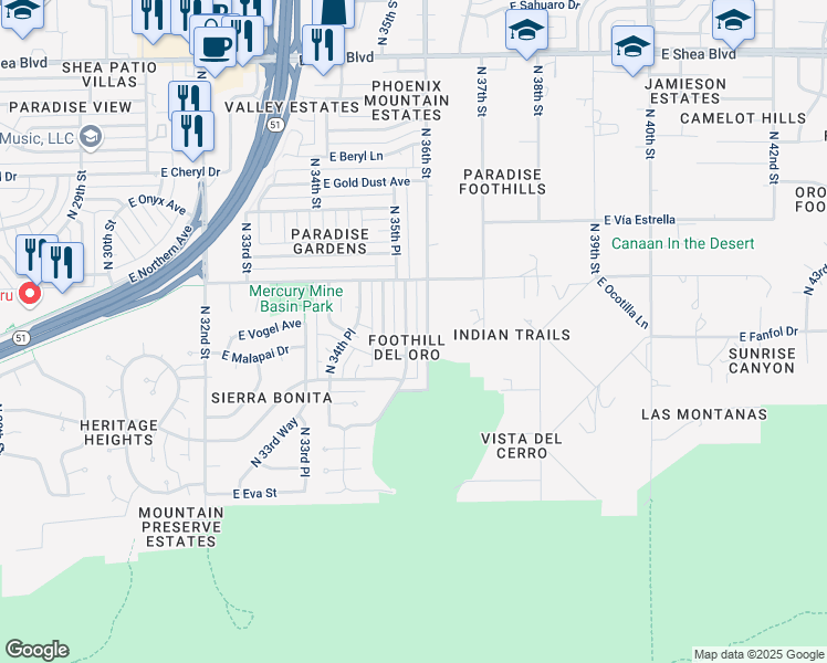 map of restaurants, bars, coffee shops, grocery stores, and more near 9435 North 35th Place in Phoenix