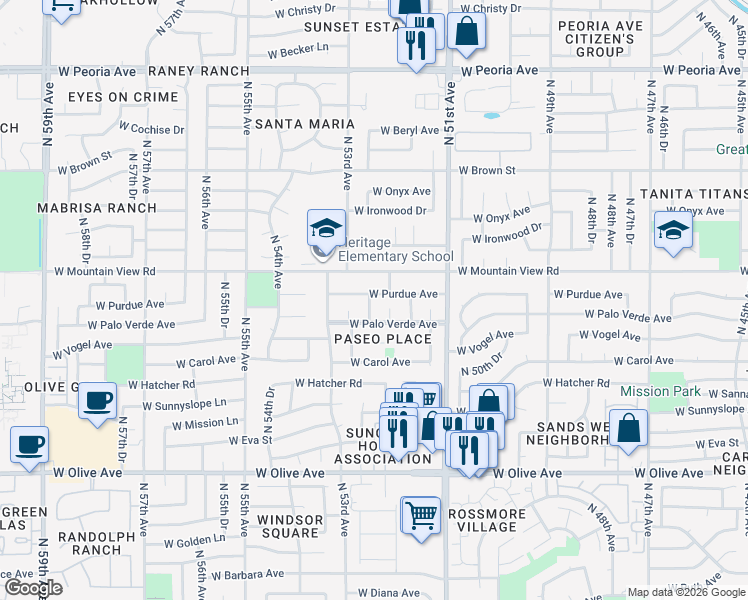 map of restaurants, bars, coffee shops, grocery stores, and more near 9614 North 52nd Avenue in Glendale