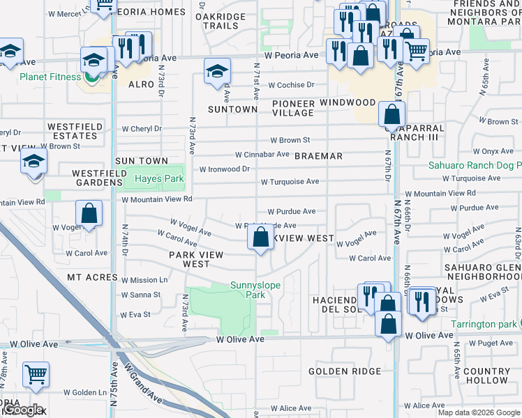 map of restaurants, bars, coffee shops, grocery stores, and more near 7108 West Palo Verde Avenue in Peoria