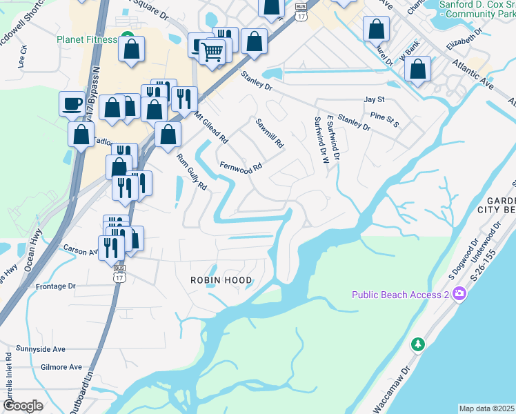 map of restaurants, bars, coffee shops, grocery stores, and more near 533 Old Field Road in Murrells Inlet