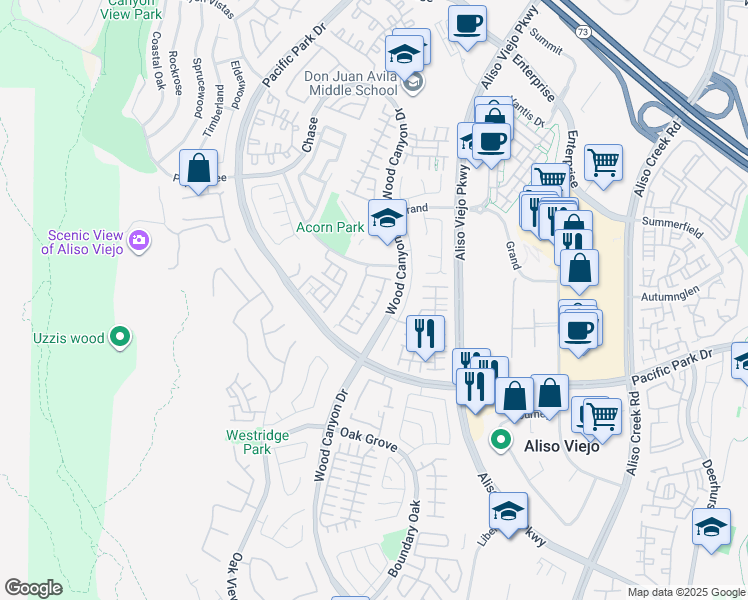 map of restaurants, bars, coffee shops, grocery stores, and more near 1 Welbury in Aliso Viejo