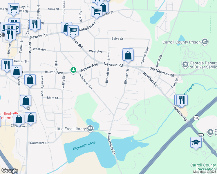 map of restaurants, bars, coffee shops, grocery stores, and more near 140 Bennett Circle in Carrollton