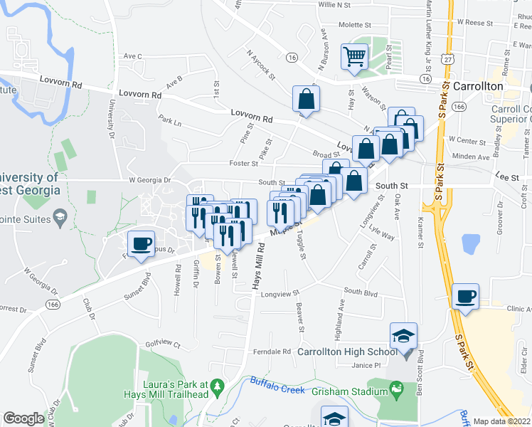 map of restaurants, bars, coffee shops, grocery stores, and more near 637 Burson Avenue in Carrollton