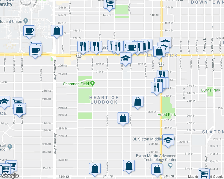map of restaurants, bars, coffee shops, grocery stores, and more near 2117 23rd Street in Lubbock
