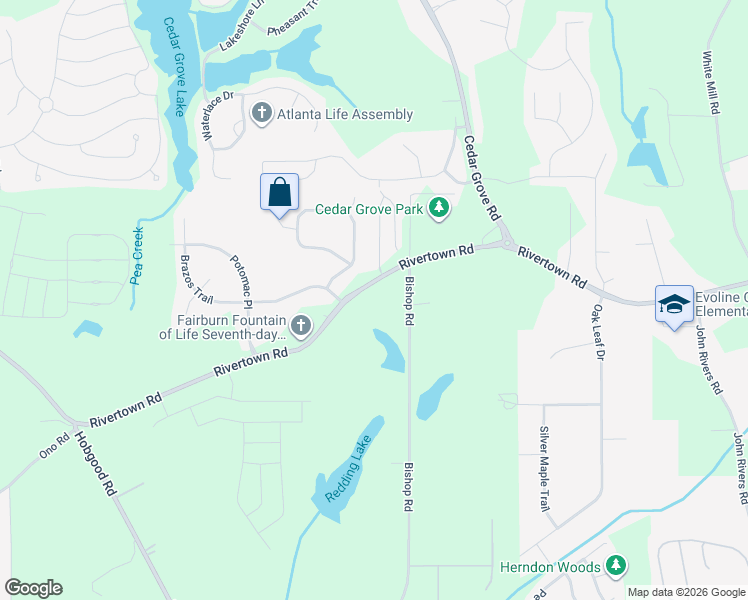 map of restaurants, bars, coffee shops, grocery stores, and more near 7496-7562 Rivertown Road in Fairburn