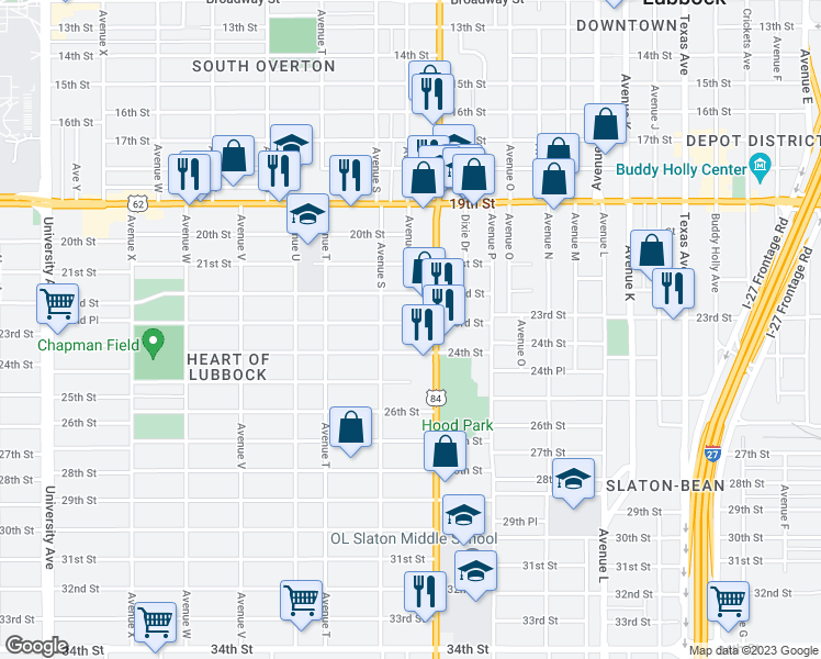 map of restaurants, bars, coffee shops, grocery stores, and more near 1713 23rd Street in Lubbock