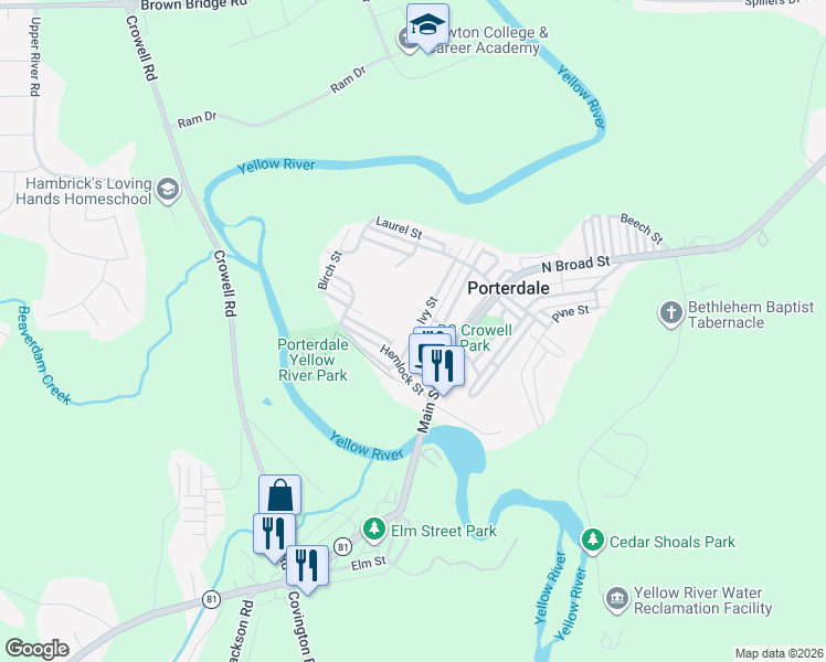 map of restaurants, bars, coffee shops, grocery stores, and more near 2 Hemlock Street in Porterdale