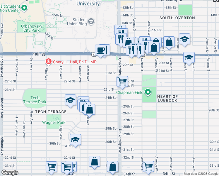 map of restaurants, bars, coffee shops, grocery stores, and more near 2522 24th Street in Lubbock