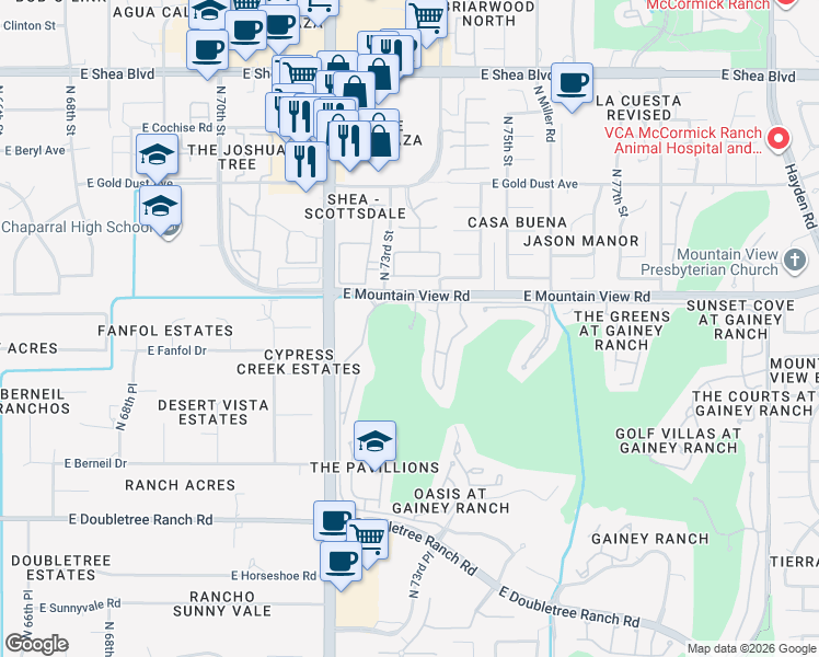 map of restaurants, bars, coffee shops, grocery stores, and more near 7337 East Gainey Ranch Road in Scottsdale