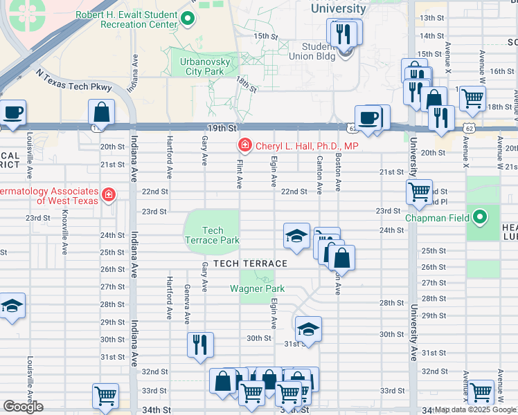 map of restaurants, bars, coffee shops, grocery stores, and more near 3009 22nd Street in Lubbock