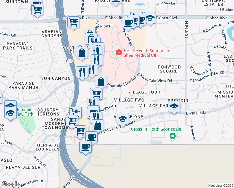 map of restaurants, bars, coffee shops, grocery stores, and more near 9700 North 91st Street in Scottsdale