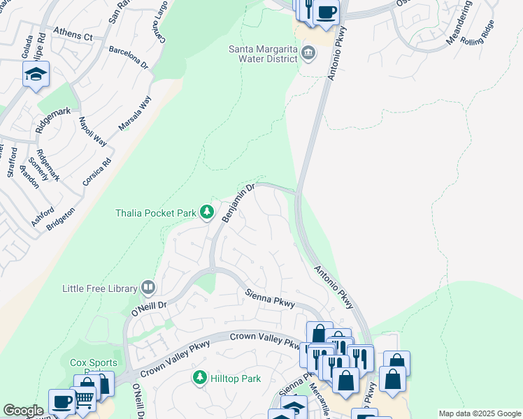 map of restaurants, bars, coffee shops, grocery stores, and more near Wyndham Street in Ladera Ranch