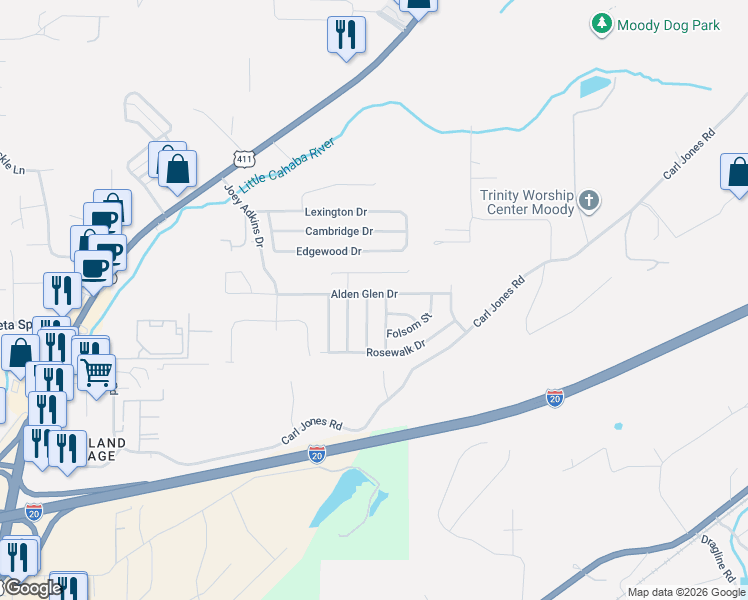 map of restaurants, bars, coffee shops, grocery stores, and more near 1128 Alden Glen Drive in Moody