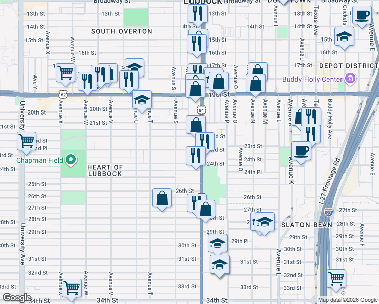 map of restaurants, bars, coffee shops, grocery stores, and more near 2202 Avenue Q in Lubbock