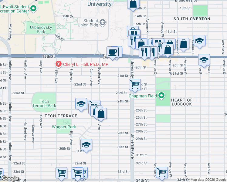 map of restaurants, bars, coffee shops, grocery stores, and more near 2521 22nd Street in Lubbock